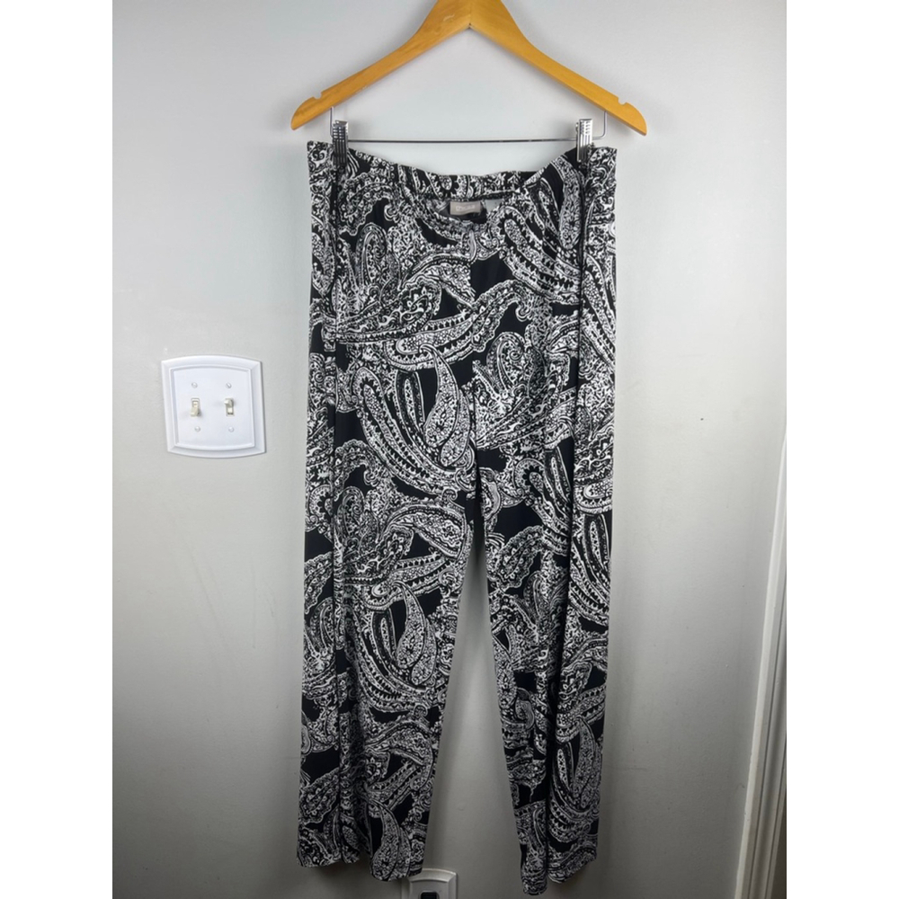 Chico's Size 3 Black White Paisley Pull-On Pants | Made in USA Stretch Comfort T - Picture 2 of 5